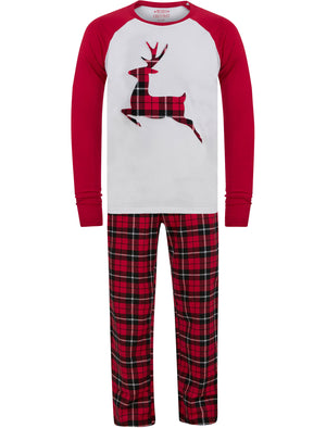 Women's Reindeer Applique 2pc Lounge Pyjama Set in Red / Red Black Check - Merry Christmas