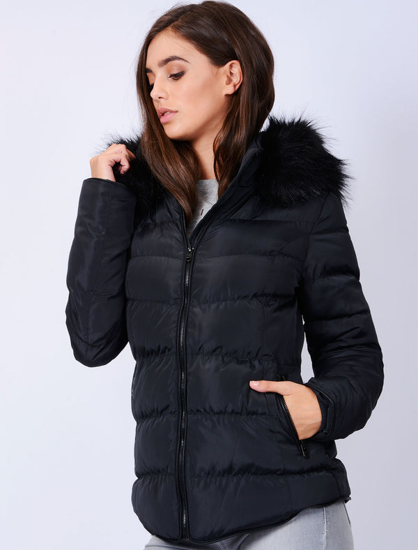 Adley Quilted Jacket with Detachable Fur Trim in Black - Tokyo Laundry