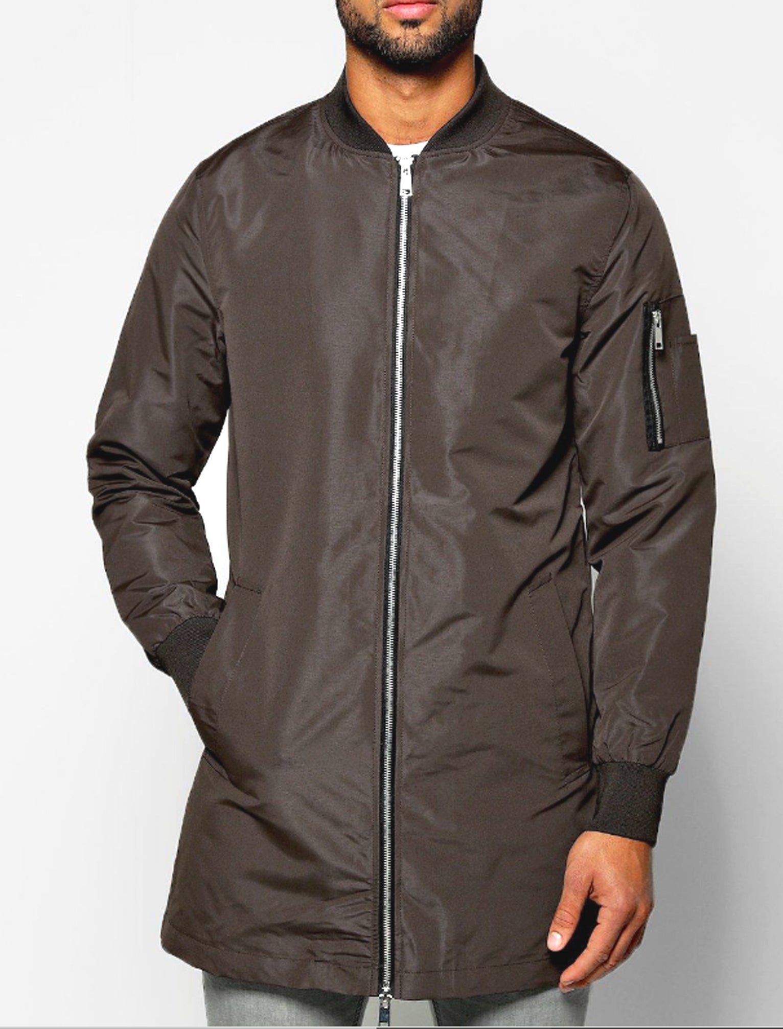 Mens Aiden Longline Bomber Jacket in Mocha Brown Tokyo Laundry