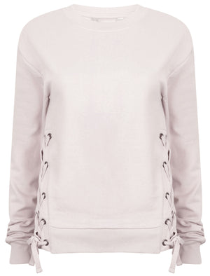 Arrow Cropped Sweatshirt with Lace Up Eyelets in White Asparagus - Amara Reya