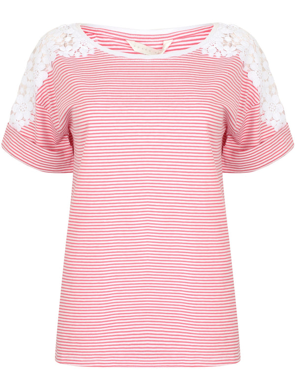 Cape Striped Cotton Lace Insert T-Shirt In Rapture Rose - Amara Reya