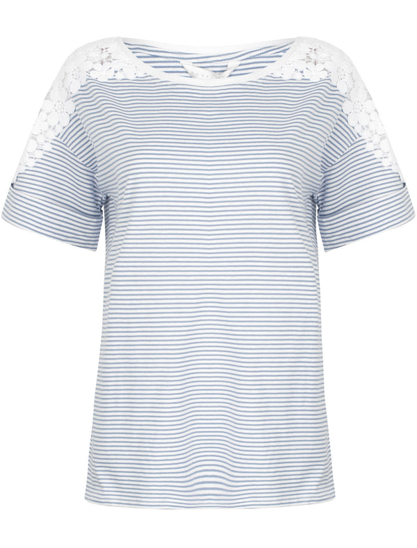 Cape Striped Cotton Lace Insert T-Shirt In Stonewash - Amara Reya