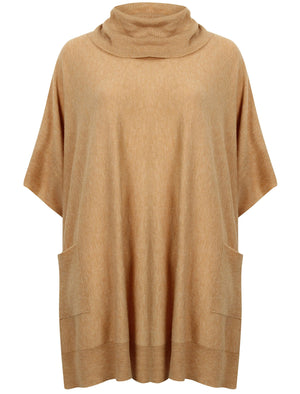 Caro Roll Neck Knitted Poncho with Pockets in Camel Marl - Amara Reya