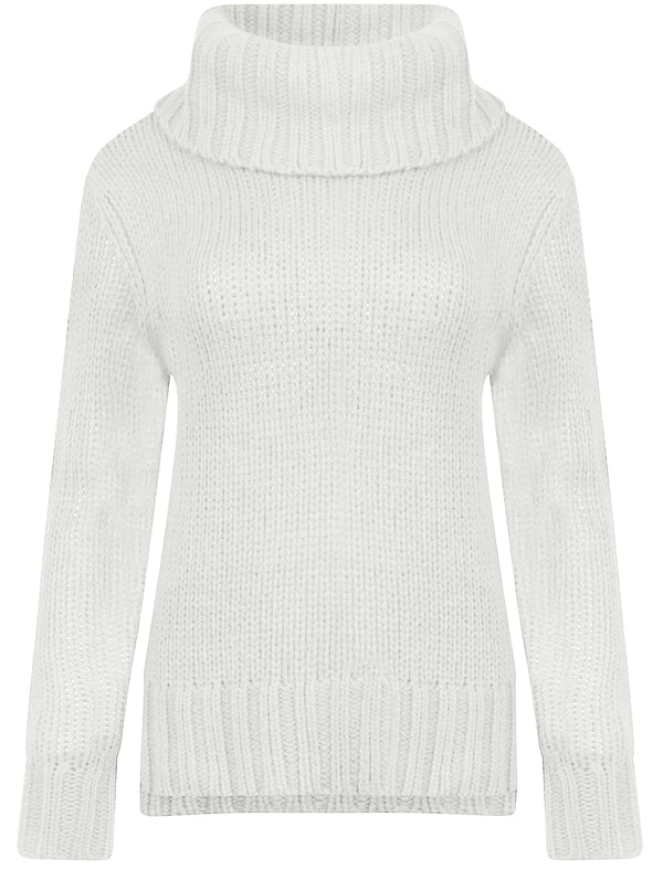 Drama Roll Neck Chunky Knit Jumper in Optic White - Amara Reya