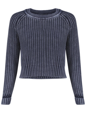 Womens Acid Wash Knitted Jumper in Navy Blue