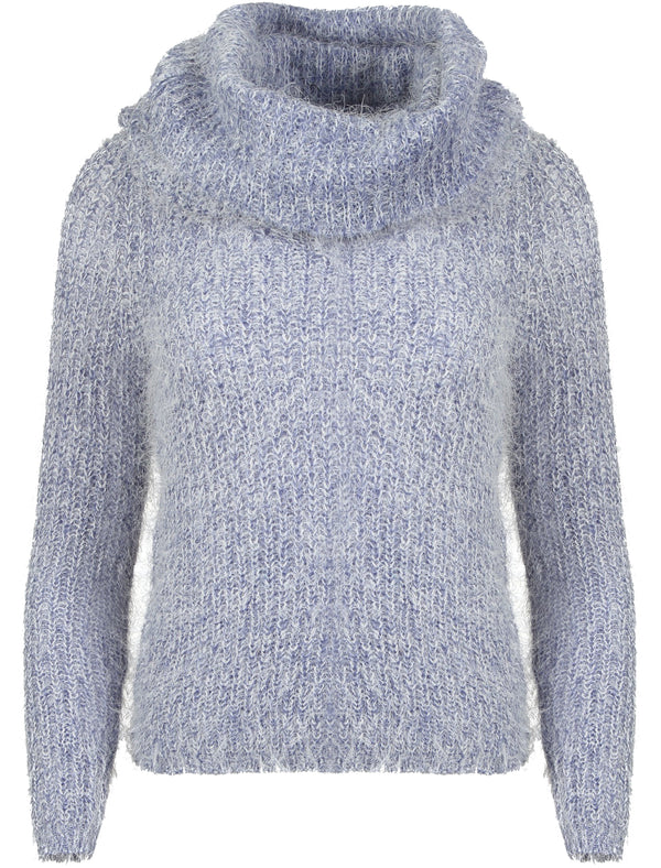 Lola V Neck Fluffy Knit Jumper with Detachable Snood in Deep Blue - Amara Reya