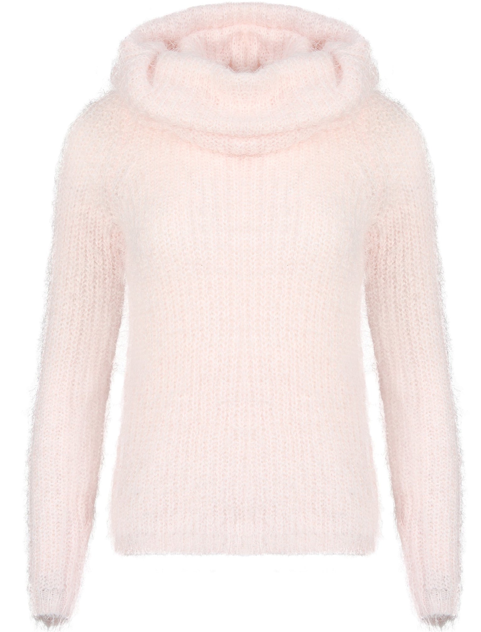 Lola V Neck Fluffy Knit Jumper with Detachable Snood in Pale Pink