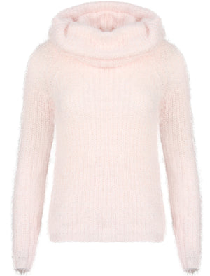 Lola V Neck Fluffy Knit Jumper with Detachable Snood in Pale Pink - Amara Reya
