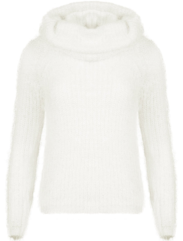 Lola V Neck Fluffy Knit Jumper with Detachable Snood in Snow White - Amara Reya