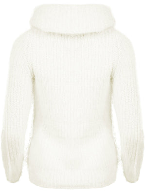 Lola V Neck Fluffy Knit Jumper with Detachable Snood in Snow White - Amara Reya