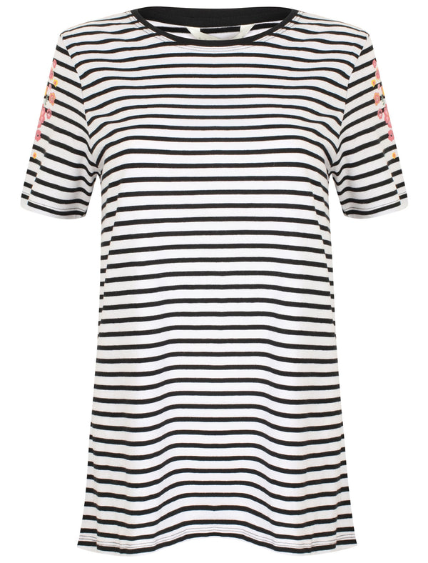 Nina Floral Print Striped Cotton T-Shirt In Black / White - Amara Reya