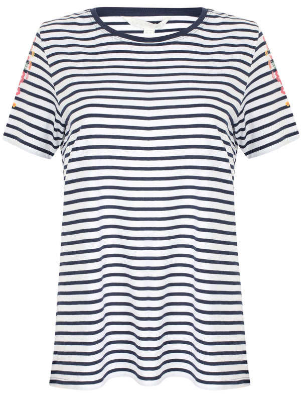 Nina Floral Print Striped Cotton T-Shirt In Eclipse Blue / White - Amara Reya
