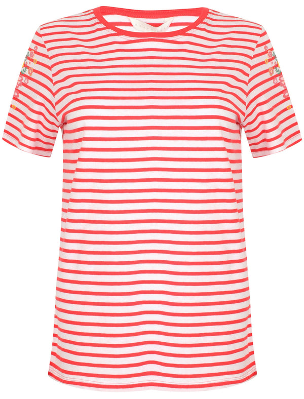 Nina Floral Print Striped Cotton T-Shirt In Red / White - Amara Reya