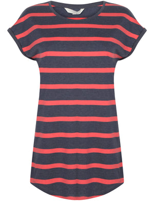 Pearl Striped Longline Tunic T-Shirt In Eclipse Blue Marl / Coral - Amara Reya