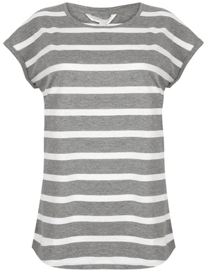 Pearl Striped Longline Tunic T-Shirt In Mid Grey Marl / White - Amara Reya