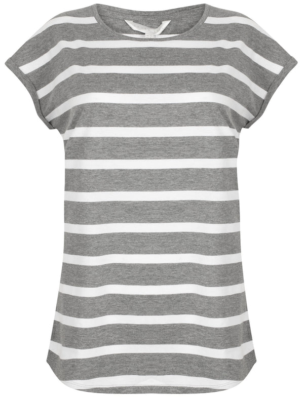 Pearl Striped Longline Tunic T-Shirt In Mid Grey Marl / White - Amara Reya