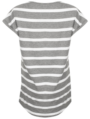 Pearl Striped Longline Tunic T-Shirt In Mid Grey Marl / White - Amara Reya