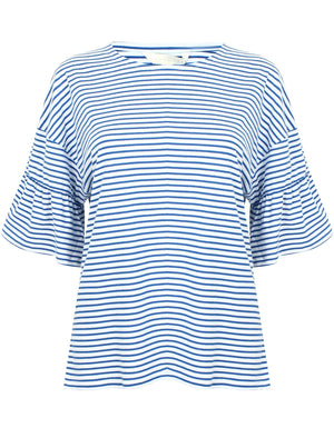Piper Striped Cotton T-Shirt with Frill Sleeves In Olymp Blue - Amara Reya