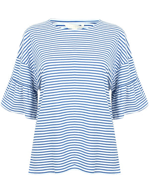 Piper Striped Cotton T-Shirt with Frill Sleeves In Olymp Blue - Amara Reya