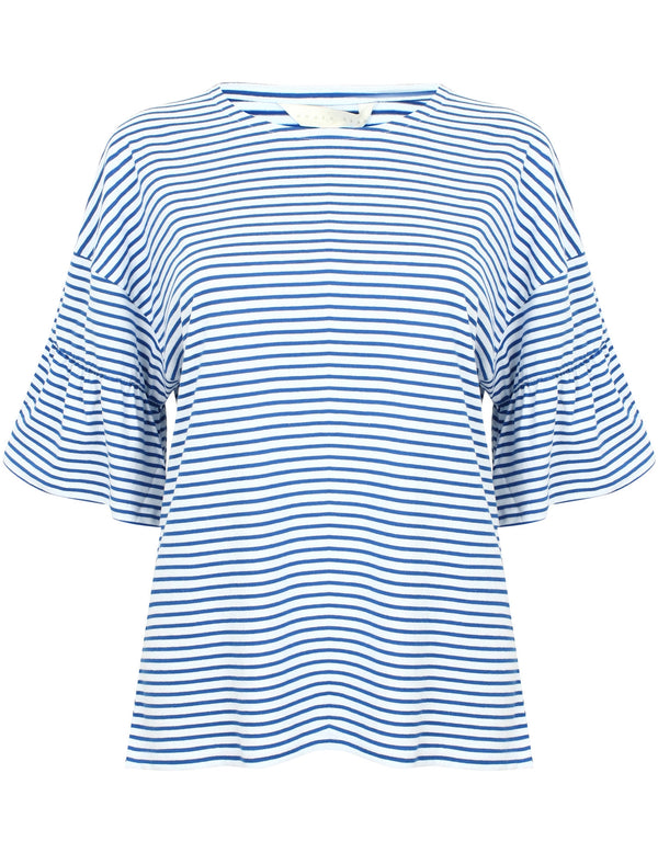 Piper Striped Cotton T-Shirt with Frill Sleeves In Olymp Blue - Amara Reya