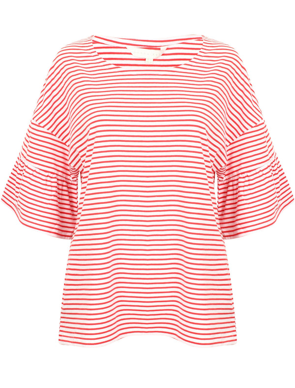 Piper Striped Cotton T-Shirt with Frill Sleeves In Red - Amara Reya