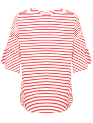 Piper Striped Cotton T-Shirt with Frill Sleeves In Red - Amara Reya