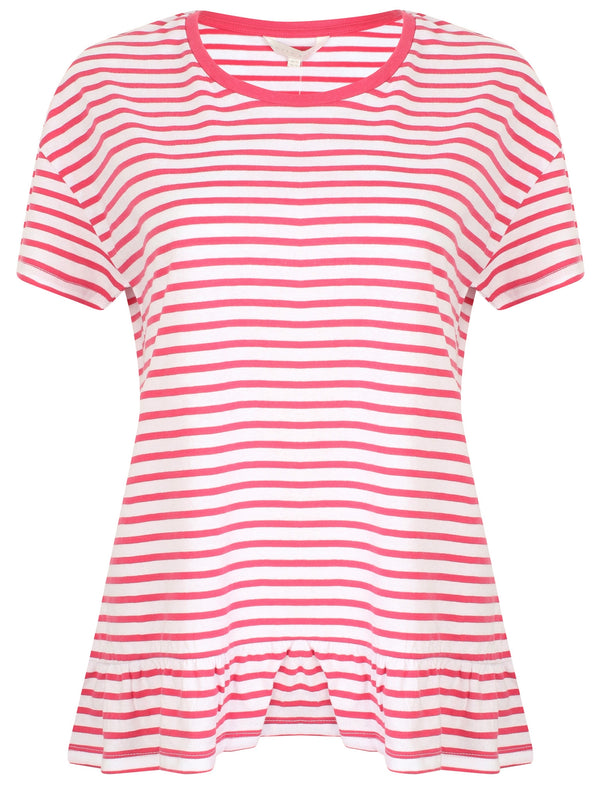 Topaz Striped Frill Hem Cotton T-Shirt In Carmine - Amara Reya