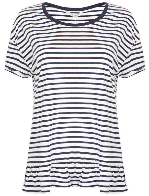 Topaz Striped Frill Hem Cotton T-Shirt In Eclipse Blue - Amara Reya