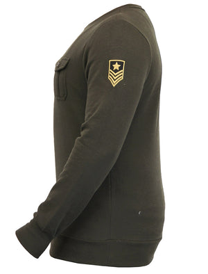 Fiction Crew Neck Military Sweatshirt with Aviator Badge in Khaki