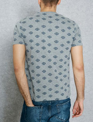 Berdan Aztec Print Crew Neck T-Shirt with Pocket in Grey Marl