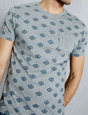 Berdan Aztec Print Crew Neck T-Shirt with Pocket in Grey Marl