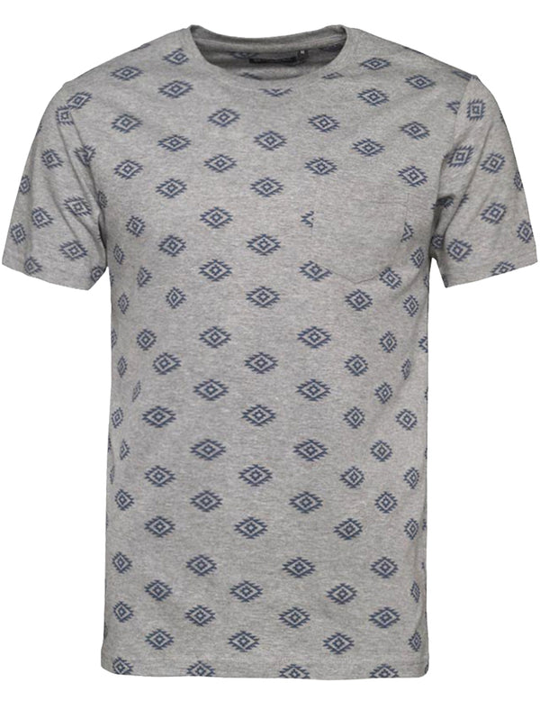 Berdan Aztec Print Crew Neck T-Shirt with Pocket in Grey Marl