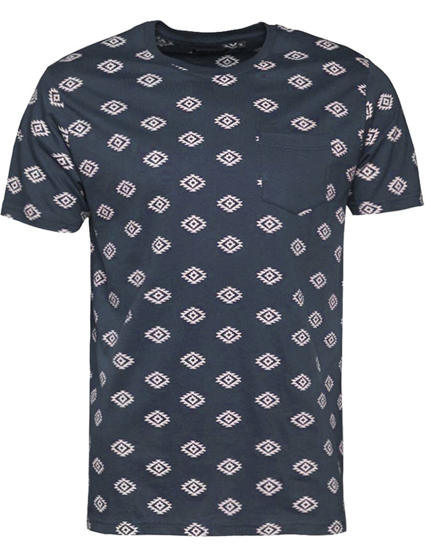 Berdan Aztec Print Crew Neck T-Shirt with Pocket in Navy