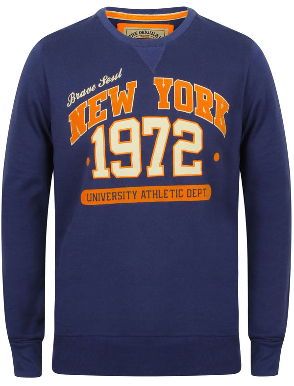 Berlin Crew Neck Varsity Sweatshirt with New York Motif in Blue Ink