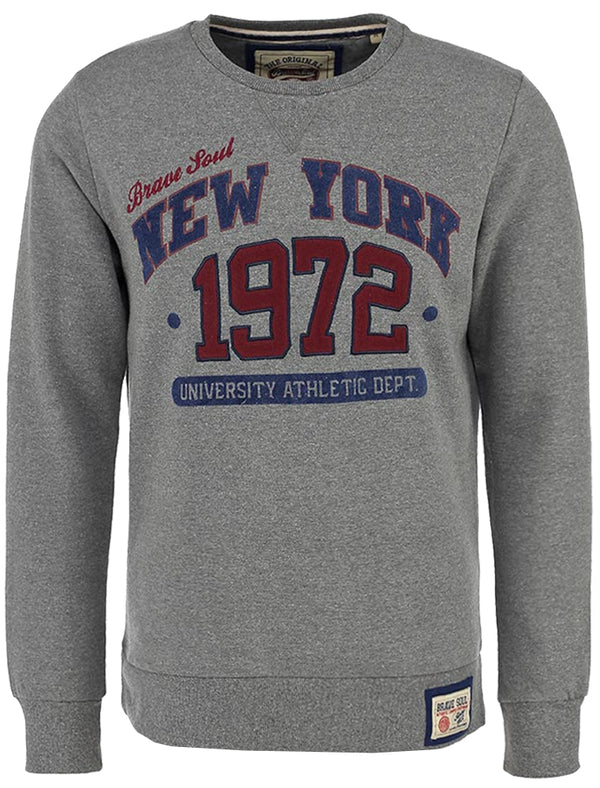Berlin Crew Neck Varsity Sweatshirt with New York Motif in Dark Grey Marl