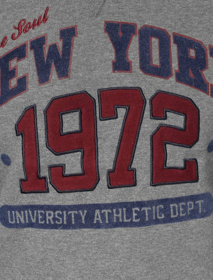 Berlin Crew Neck Varsity Sweatshirt with New York Motif in Dark Grey Marl