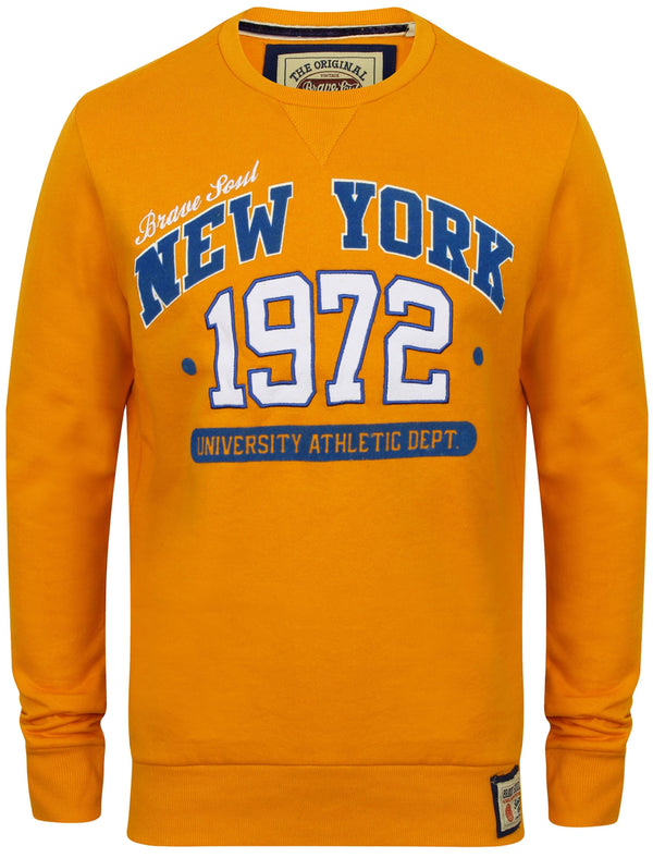 Berlin Crew Neck Varsity Sweatshirt with New York Motif in Mustard