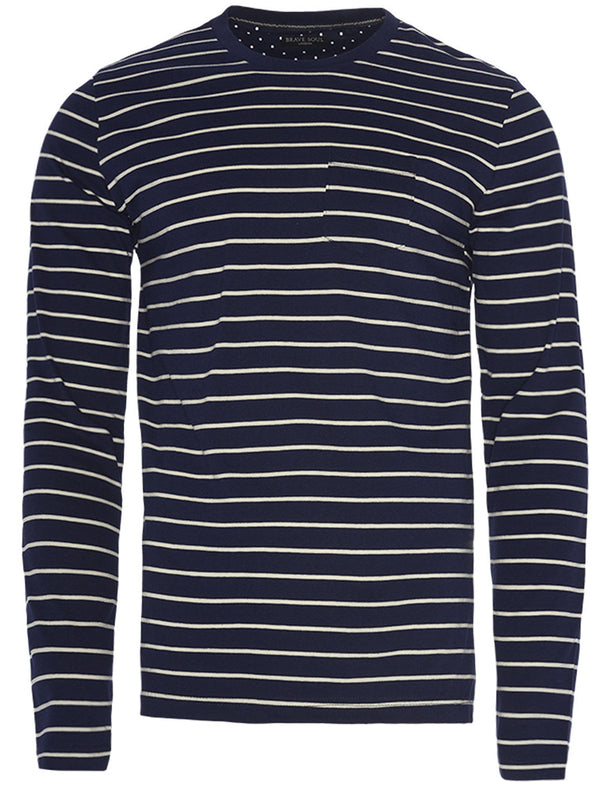 Caine Striped Long Sleeve Top with Chest Pocket in Navy