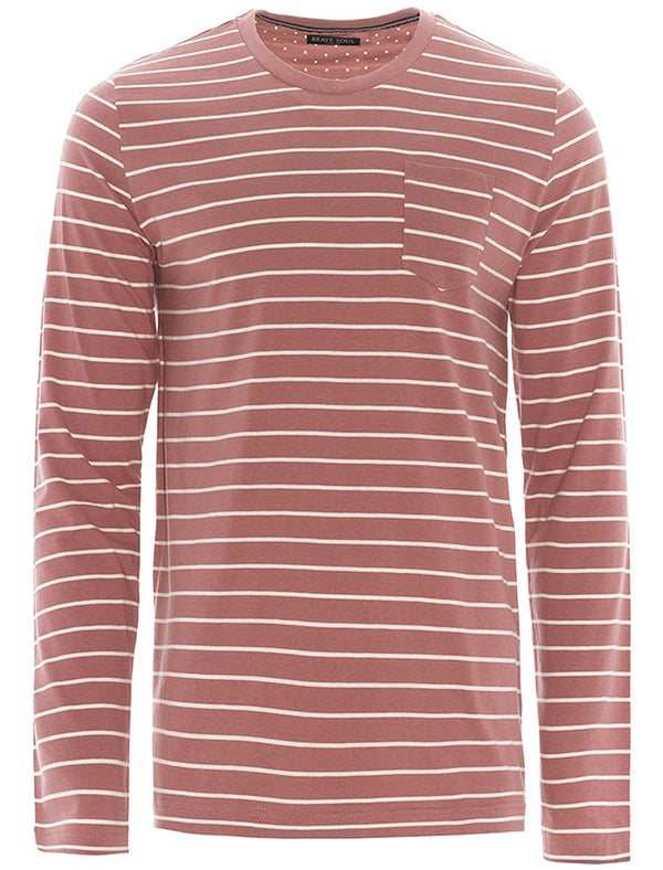 Caine Striped Long Sleeve Top with Chest Pocket in Pink
