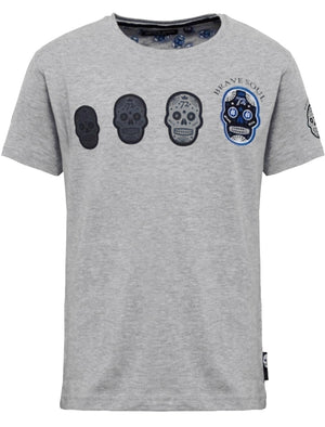Calavera Skull Print Crew Neck T-Shirt in Grey Marl