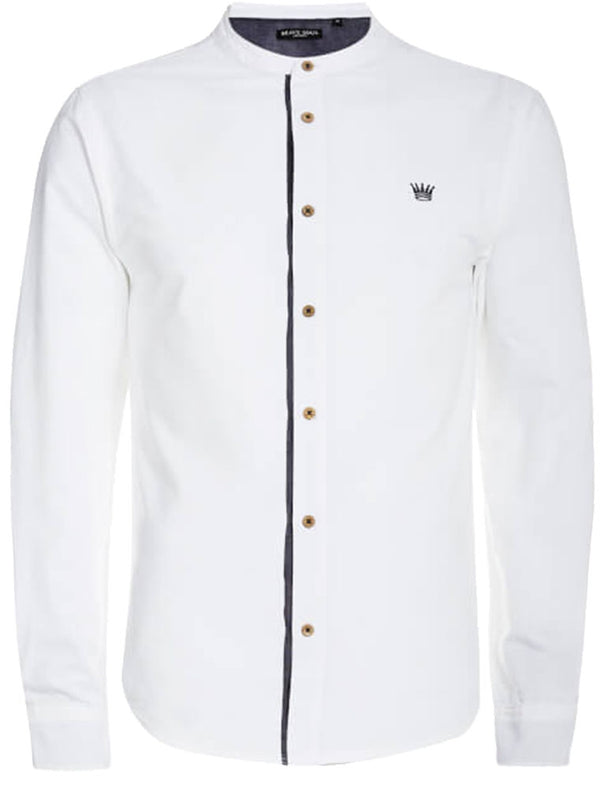 Casey Long Sleeve Cotton Shirt with Grandad Collar in White
