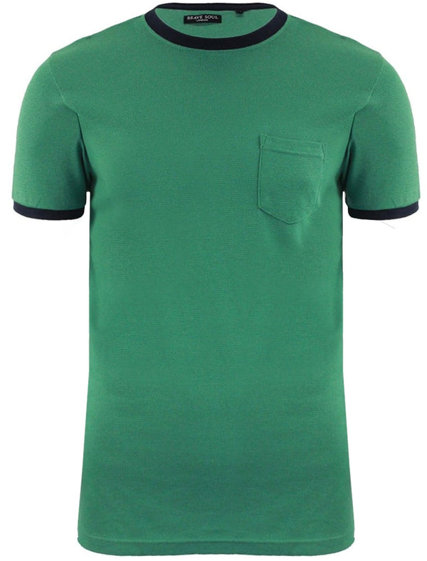 Dunne Textured Crew Neck Ringer T-Shirt with Chest Pocket in Green