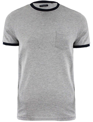 Dunne Textured Crew Neck Ringer T-Shirt with Chest Pocket in Grey Marl