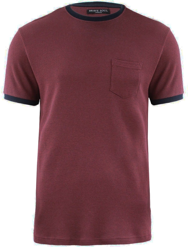 Dunne Textured Crew Neck Ringer T-Shirt with Chest Pocket in Oxblood