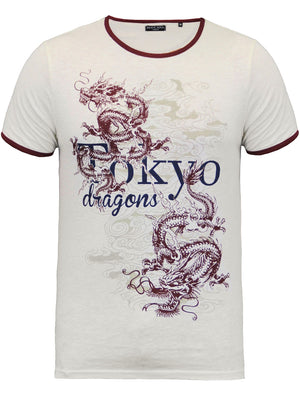 Equador Tokyo Dragons Print Crew Neck T-Shirt in Ecru