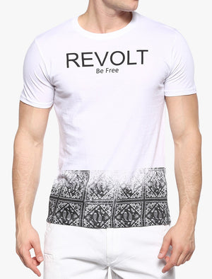 Frontier Motif Crew Neck T-Shirt in White & Black