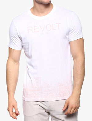 Frontier Motif Crew Neck T-Shirt in White & Pink