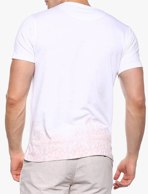 Frontier Motif Crew Neck T-Shirt in White & Pink