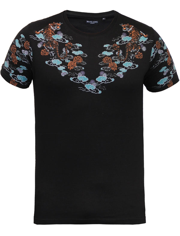 Gozen Tiger Print Crew Neck T-Shirt in Black