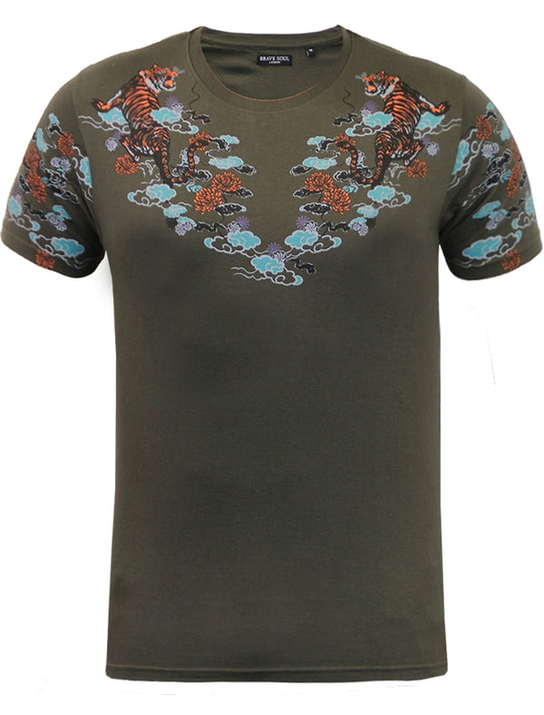 Gozen Tiger Print Crew Neck T-Shirt in Khaki
